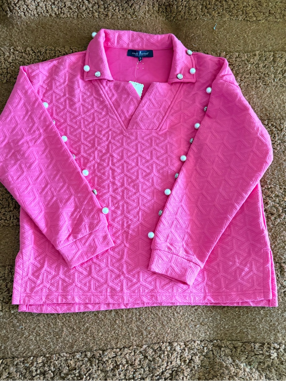 Simply Southern Collection Bright Pink Quilted V-Neck Sweater with Pearl Buttons